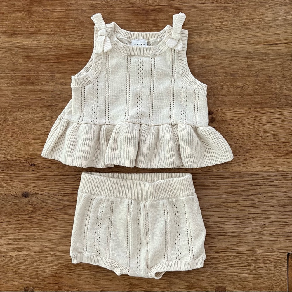 Nordstrom Baby Cream Pointelle Knit Set Outfit ruffle tank top bloomers 3 months